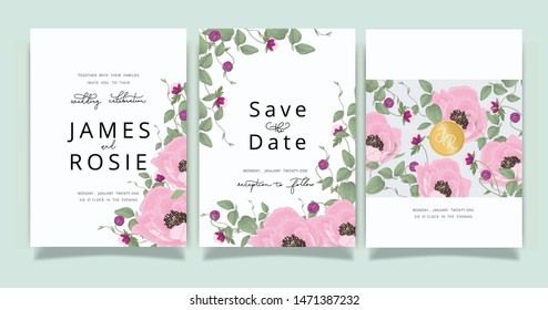 Summer Flower Wedding Invitation set, floral invite thank you, rsvp modern card Design in Pink peony and white  floral with leaf greenery  branches decorative Vector elegant rustic template