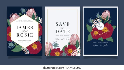 Summer Flower Wedding Invitation set, floral invite thank you, rsvp modern card Design in Red peony and white  floral with leaf greenery  branches decorative Vector elegant rustic template