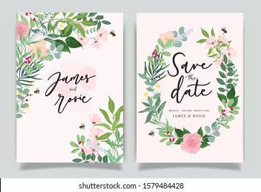 Summer Flower Wedding Invitation set, floral invite thank you, rsvp modern card Design in pink leaf greenery  branches with blue background decorative Vector elegant rustic template