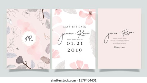 Summer Flower Wedding Invitation set, floral invite thank you, rsvp modern card Design in pink leaf greenery  branches with blue background decorative Vector elegant rustic template