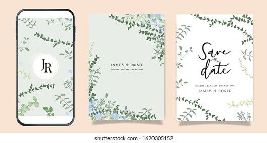 Summer Flower Wedding Invitation set, floral invite thank you, rsvp modern card blue flower and leaf greenery with blue background decorative Vector elegant rustic screens template for mobile