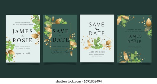 Summer Flower Wedding Invitation set, floral invite thank you, rsvp modern card Design in leaf greenery  branches with golden decorative Vector elegant rustic template
