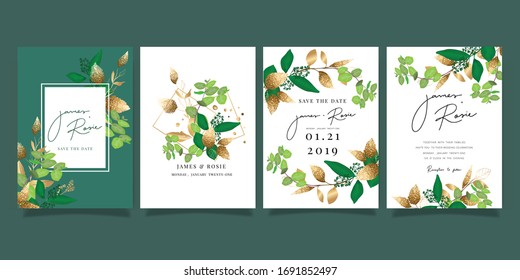 Summer Flower Wedding Invitation set, floral invite thank you, rsvp modern card Design in leaf greenery  branches with golden decorative Vector elegant rustic template
