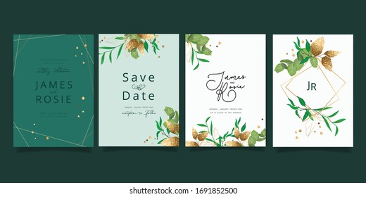 Juego de invitaciones a la boda de las flores, invitaciones florales gracias, tarjeta rsvp moderna Diseño en ramas de vegetación de hojas con decoración dorada Vector elegante plantilla rústica