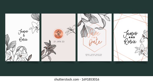Juego de invitaciones a la boda de las flores, invitaciones florales gracias, tarjeta rsvp moderna Diseño en ramas verdes de hojas grises con decoración metálica de cobre Elegante plantilla rústica vectorial
