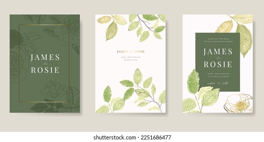 Summer Flower Wedding Invitation set, floral invite thank you, rsvp modern card Design in pink leaf greenery  branches with blue background decorative Vector elegant rustic template