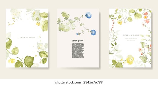 Summer Flower Wedding Invitation set, floral invite thank you, rsvp modern card Design in pink leaf greenery branches with watercolor Vector elegant rustic template