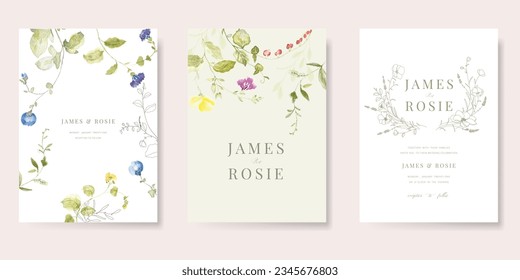 Summer Flower Wedding Invitation set, floral invite thank you, rsvp modern card Design in pink leaf greenery branches with watercolor Vector elegant rustic template