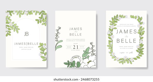 Summer Flower Wedding Invitation set, floral invite thank you, rsvp modern card Design in pink leaf greenery  branches with blue background decorative Vector elegant rustic template
