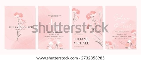 Summer Flower Wedding Invitation set, floral invite thank you, rsvp modern card Design in pink leaf greenery  branches with water color texture background. 
