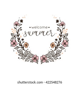 Summer Flower Wreath Isolated On White Background For Greeting Card Or Wedding Invitation. Vector EPS 10.