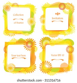 Summer flower yellow frames -  set of 4 square labels with yellow flowers -  watercolor grunge paint with splashes and blotch. Vector floral borders. Design element collection. Summer concept.Eps 10.