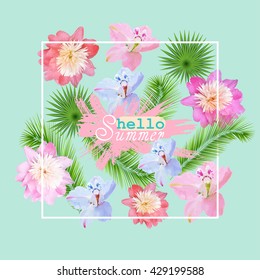 summer Flowers Background. Summer Design. Vector.peonies orchids and palm leaves