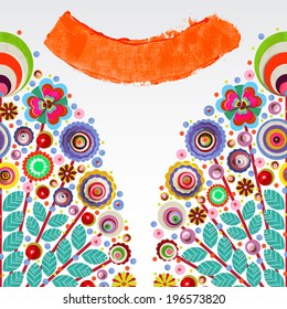 Summer flowers background, made of acrylic, watercolor, handmade, from original canvas art. Grunge paint texture with brush stroke effect. 3d shadows. Vector.