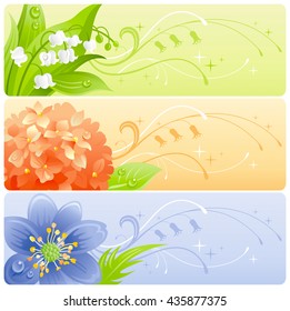 Summer flowers banner set with natural background. Lily of the valley, hydrangea and snowdrop flower for invitation design - wedding card, birthday, bridal shower, mothers day and more.