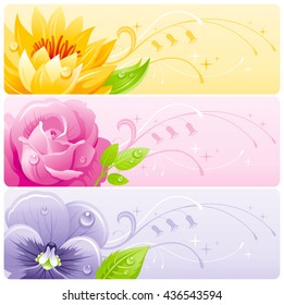 Summer flowers banner set with natural background. Water lily, rose, violet flower for invitation design - wedding card, birthday, bridal shower, mothers day and more.