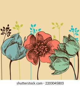 Summer flowers in bloom hand drawing. Pink, blue and green floral greeting card