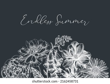Summer flowers borders in vintage style. Hand-sketched garden plants design on chalkboard. For greeting cards, wedding invites, and banners. Hand-drawn botanical illustration with floral sketches.