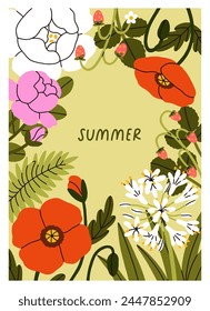 Summer flowers, botanical natural card design. Floral framed background. Postcard, poster with gorgeous blossomed blooms, wildflowers, delicate gentle plants, meadow flora. Flat vector illustration