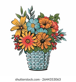 summer flowers bouquets basket vector