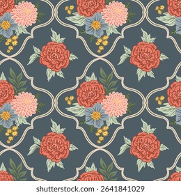 Summer flowers bouquets damask Seamless Pattern. bohemian Rose, dahlia romantic background 