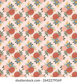 Summer flowers bouquets damask Seamless Pattern. bohemian Rose, dahlia romantic texture for textile