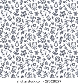 Summer flowers, butterflies and beetles black and white seamless pattern