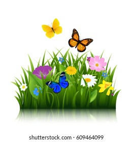 Summer Flowers With Butterfly With Gradient Mesh, Vector Illustration