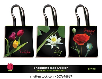 Summer Flowers canvas shopper bag design template. Gift bag design. Tote bag vector template for cosmetic boutique, botanical garden, museum, souvenir shop, retail. Sample text. Flower icon