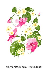 Summer flowers card with garland. Wedding garland set with plumeria flowers for invitation. Invitation card with floral garland and text place. Vector illustration.