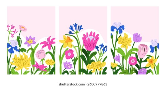 Summer flowers, cards set. Floral backgrounds, botanical card designs with spring blossoms, blooming plants. Beautiful gorgeous garden nature, vertical posters. Colored flat vector illustrations
