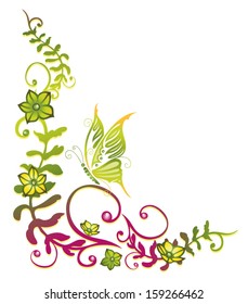 Summer flowers with colorful butterfly, border.