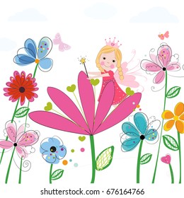 Summer flowers with cute fairy tale. Spring time floral background