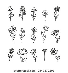 Coleção de rabiscos de flores de verão. Camomila desenhada à mão, rosa, tulipa, girassol, ilustração de trevo