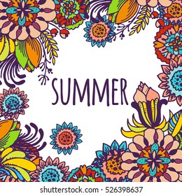 Summer Flowers doodle - hand drawn vector decorative frame. Sketched flowers, leaves and blossoms illustration for greeting card