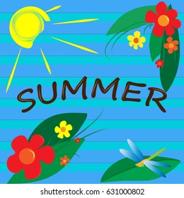 Summer, flowers, dragonfly, sun