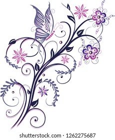 Summer Flowers. Filigree tendril with blossoms and butterfly. Purple and pink. Very feminine.