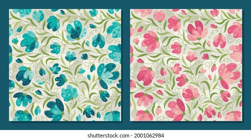 Flores de verano de estilo plano - conjunto vectorial de patrones sin costura. Antecedentes de tela, textil, papel pintado, afiche, sitio web, tarjeta, papel de envoltura de regalo 