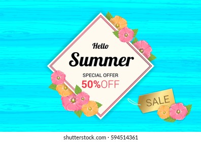 Summer Flowers frame or Summer floral Design on wooden background