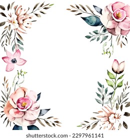 a summer flowers frame watercolor border for wedding invitation white background template
