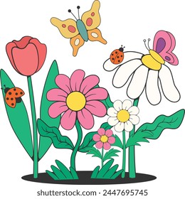 Summer Flowers Garden Retro Illustration