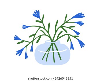 Summer flowers in glass vase. Cut spring blooms in water. Blossomed floral plants, stems. Fresh gentle fragile delicate field wildflowers. Flat vector illustration isolated on white background