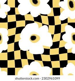 Las flores de verano lucen un patrón impecable en el fondo a cuadros. Impresión perfecta para tee, papel, textiles y tela. Ilustración vectorial de estilo retro para decoración y diseño.

