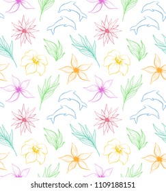 Summer flowers hand drawn pattern with dolphins colorful seamles tropical leaves white bright