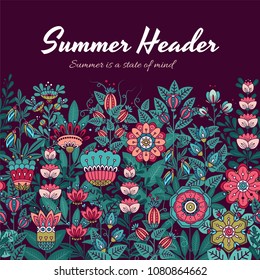 Summer Flowers Header, Vector Layout with Text, Cute Illustration with Typography. Useful backdrop for greeting card, calendar, prints, web design, poster, sale banner, mail, ads, shop, site header