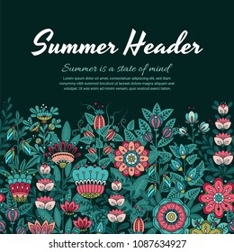 Summer Flowers Header, Vector Layout with Text, Cute Illustration with Typography. Useful backdrop for greeting card, calendar, prints, web design, poster, sale banner, mail, ads, shop, site header