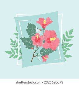 Summer flowers. Hibiscus branch. Vector, cute, colorful illustration.