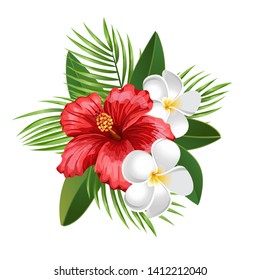 Summer Flowers. Hibiscus and Frangipani Plumeria flowers and Palm Leaves isolated on white background. Hawaiian vector illustration. 