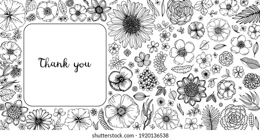 Summer flowers and leavers frame card. Hand draw doodle vector graphics. Black and white sketch style.  Ink drawing illustration.