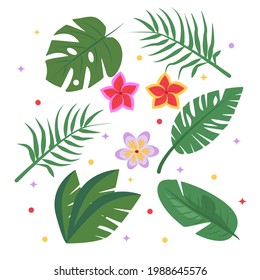 Summer flowers and leaves collection. Colorful summer design. Vector illustration in flat style. 